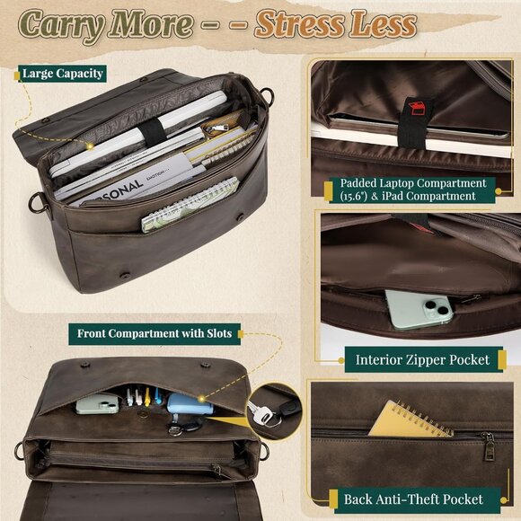 Men's Wood Pu Vintage Laptop Bag 15.6 Inch Waterproof Retro Satchel Briefcase - Picture 3 of 7